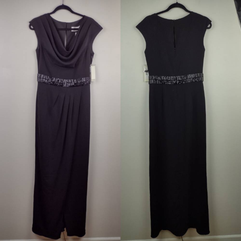 BADGLEY MISCHKA Black Cap Sleeve Cowl Neck Wrap Front Long Column Dress,…